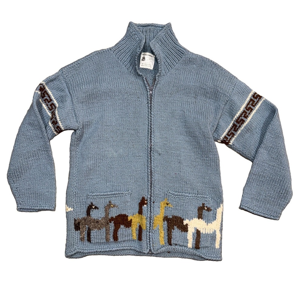 Vintage Bolivia Imports Cardigan Sweater 100% Wool Blue Alpaca Design L/XL Read